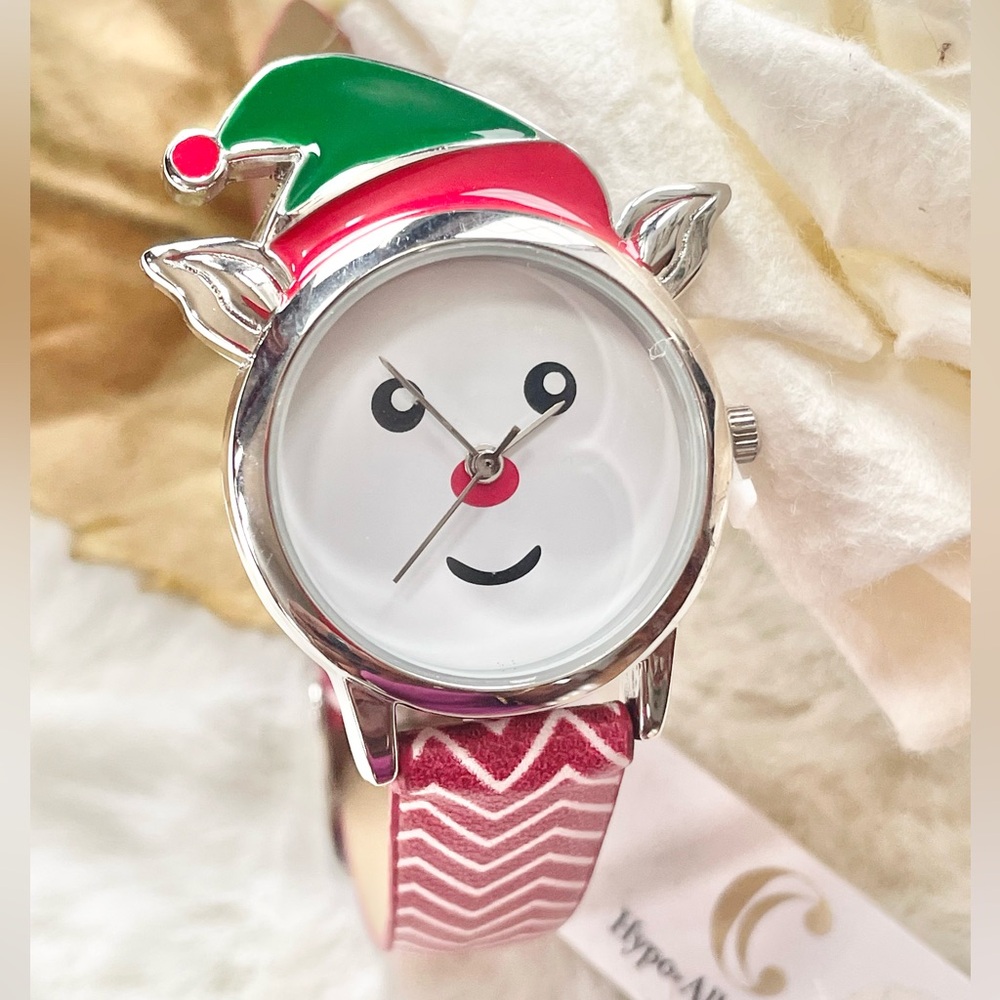 New with tags FESTIVE RED & WHITE STRIPED CAT WATCH with Green. No numbers.